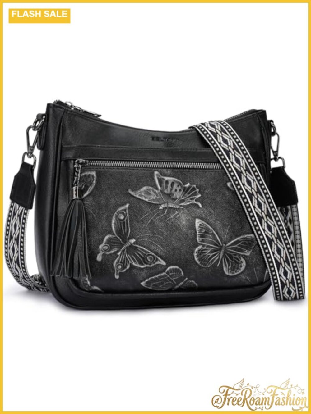 Vegan Leather Crossbody Bag Butterfly Embossed Adjustable Strap Purse